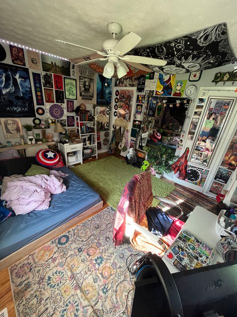 Room Inspiration Bedroom Maximalist, Aesthetic Lighting Bedroom, Neon Cottagecore, Sesh Shed Ideas, Alt Rooms, Cluttered Bedroom Aesthetic, Chaotic Room Aesthetic, Room Clutter, Cool Room Decor