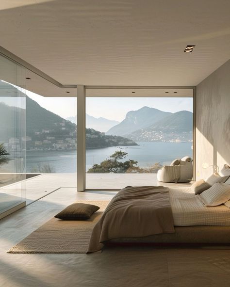 Experience luxury in this modern minimalist bedroom with stylish furniture and breathtaking views. #MinimalistBedroom #ModernDesign #StunningViews 👉👈 Find the perfect style for your home. 💤. Follow Us#bedroom#bedroomdecor#bedroomfurniture#bedroomdecorideas#bedroomdesign#bedroominspiration#bedroomdecoration#bedroominspirations#bedroominspo#bedroommakeover#bedroomdecorating#bedroomidea#bedroomsdecor#bedroomdecor#bedroomremodel#bedroomdesignideas#bedroomdesigns#bedroominterior Room Ideas With Bed In The Middle, Bedroom With View, Mallorca House, Royal Bedroom Design, Dream House Modern, Bedroom Ocean View, Bretman Rock, House Minimal, Royal Bedroom