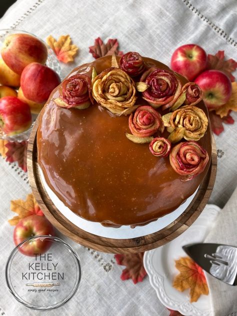 Apple Spice Cake with Baked Apple Roses - The Kelly Kitchen Baked Apple Roses, Moist Spice Cake, Apple Spice Cake, Caramel Drizzle, Apple Spice, Creamed Honey, Apple Roses, Baked Apple, Food Dye