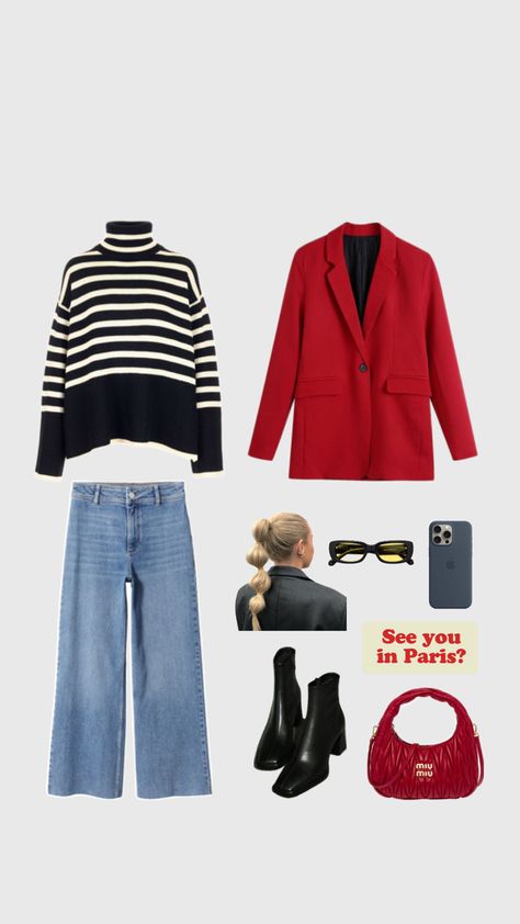 outfits ideas, elegant outfit, red blazer, stripes sweater Outfits Ideas Elegant, Stripes Sweater, Outfit Red, Red Blazer, Elegant Outfit, Outfits Ideas, Stripe Sweater, Stripes, Paris