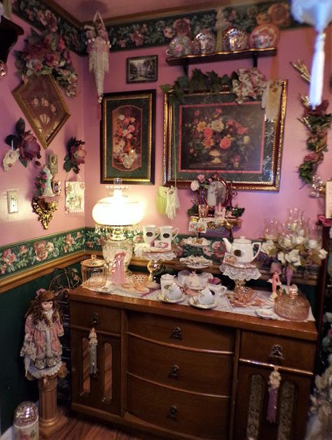 DEBBIE-DABBLE BLOG: "Tea Room" Buffet in the Dining Room, 2023 Dining Room 2023, Victorian Tea Room, Victorian Bed, Room 2023, Tea Cup Collection, Dining Room Buffet, Jewel Tone Colors, Victorian Dolls, I Am So Happy