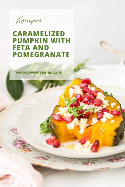 Healthy and tasty oven roasted pumpkin recipes. Vegetarian caramelized roasted pumpkin, flavoured with garlic and thyme. Served with feta cheese and pomegranate. Pumpkin Recipes Vegetarian, Oven Roasted Pumpkin, Roasted Pumpkin Recipes, Pumpkin Feta, Gluten Free Christmas, Roasted Pumpkin, Roast Pumpkin, Recipes Vegetarian, Halloween Recipes