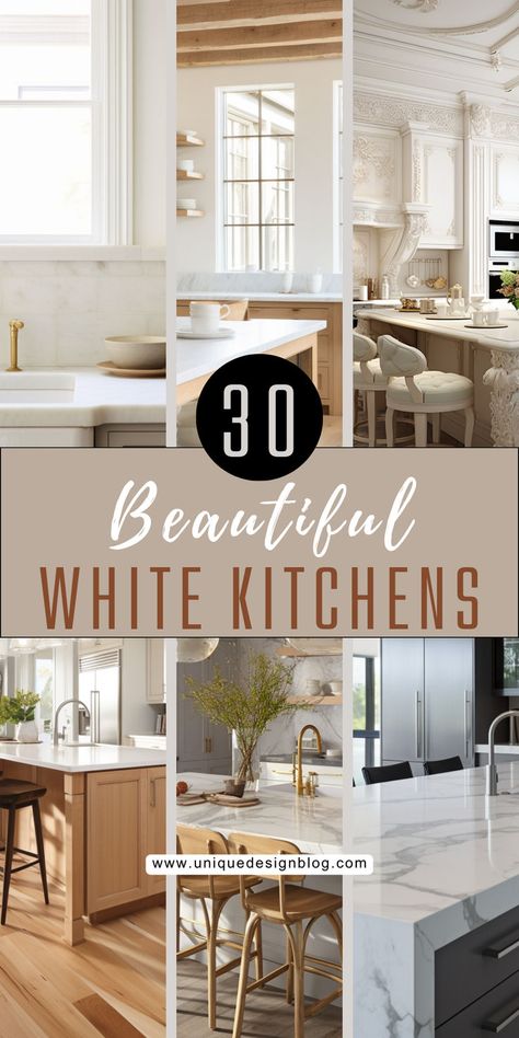 It's amazing how they've used clean lines and a simple color scheme to create something so timeless yet totally now. The way the sleek cabinets and high-tech appliances come together, it's not just practical but super stylish. If you're looking for ideas to turn your kitchen into more than just a place to cook – like a peaceful retreat right in your home – you've got to see this. Modern White Kitchen Kitchen Design Minimalist Home ElegantInteriors White And Sand Kitchen, White Rustic Kitchen Ideas, White Walls Kitchen Ideas, White Beige Kitchen Modern, Modern Timeless Kitchen, Coastal White Kitchen Ideas, White Kitchen Wood Countertops, Kitchen Styles 2024, White Kitchen Wood Accents