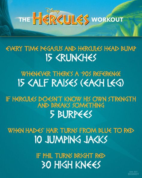 Disney movie workout Disney Movie Workouts, Hercules Workout, Disney Workout, Tv Show Workouts, Movie Workouts, Tv Workouts, Workout Games, At Home Workout Plan, Work Outs