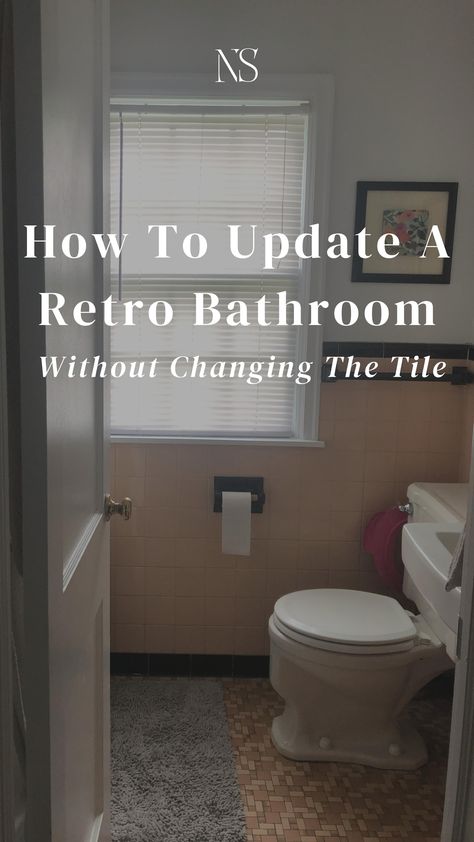 4 ways I'd give a retro 20's pink tile bathroom a makeover without removing the original character. Wallpaper that looks good with pink and peach tile. No demo, budget friendly bathroom remodel ideas. | Nadine Stay #bathroommakeover #bathroomremodel #retrobathroom #pinktile Pink And Black Tile Bathroom Ideas, Updating Pink Tile Bathroom, Retro Pink Tile Bathroom Ideas, Pink Brown Bathroom Ideas, Retro Bathroom Update, Pink Tile And Wallpaper Bathroom, Update Pink Tile Bathroom, Painting Pink Tile Bathroom, Retro Pink And Black Bathroom