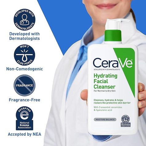 CeraVe Fragrance Free Hydrating Facial Cleanser Face Wash For Dry Skin, Hydrating Face Cleanser, Cerave Hydrating Facial Cleanser, Hydrating Facial Cleanser, Hydrating Face Wash, Daily Face Wash, Daily Facial Cleanser, Dry Skin On Face, Hydrating Facial