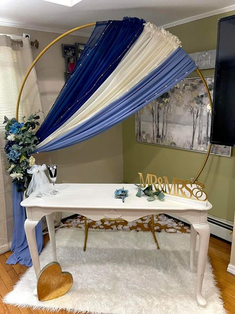 Wedding Arch Ceremony //dusty blue /champagne/ navy blue color Blue And Gold Wedding Backdrop, Blue Party Decorations For Women, Navy Blue Wedding Backdrop, Navy Blue Wedding Arch, Navy Blue And Champagne Wedding Colors Wedding Ceremony Decor, Southern Charm Party Theme, Navy And Champagne Wedding Colors, Gold Chair Covers, White And Gold Wedding Themes