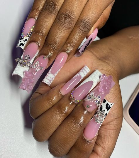 Cow print always eats🤍 . . . Dm to book!💖 @nailed.byjennie #longnails #squarenails #frenchnails #animalprintnails #blingnails #crocnails #nailsofinstagram #nailsoftheday #fresnonails #fresnonailtech #explorepage Fye Nails, Dope Nail Designs, Animal Print Nails, Acrylic Nails Coffin Pink, Nail Sets, Acrylic Nails Coffin, Nails Coffin, Bling Nails, Dope Nails