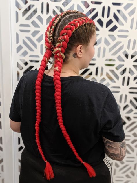 2 dutch braids with a single cornrow down the center. Red extension braids. Festival hair. Cornrow Extensions Braids, Red Festival Braids, Red French Braids, Red Dutch Braids, Softball Braids, Rave Braids, Dutch Braid Tutorial, Festival Braids, Red Weave