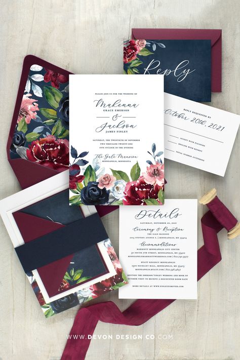 PLEASE READ FULL DESCRIPTION... Planning a navy blue and burgundy wedding? If you are looking for a romantic wedding invitation in gorgeous deep colors, this suite is perfect for you. Beautiful navy and burgundy florals accented with greenery and touch of dusty rose accented with burgundy envelopes. Would be beautiful for a winter wedding, fall or anytime of year with these rich wedding colors.  I love helping to make your wedding stationery, a fun and easy part of your wedding planning! WHAT YO Navy Blue Boho Wedding, Blue Boho Wedding, Wedding Invitations Burgundy, Burgundy And Navy Wedding, October Wedding Colors, Wedding Navy Blue, Navy And Burgundy Wedding, Burgundy Invitations, Wedding Navy