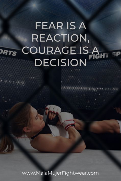 Inspirational-quote-overlay-Fear-Is-A-Reaction-Courage-Is-A-Decision-with-female-marital-artist-submitting-opponent-with-a-Jiu-Jitsu-technique Female Jiu Jitsu, Boxing Quotes Female, Mixed Martial Arts Quotes, Jiu Jitsu Aesthetic, Boxing Girl Quotes, Kickboxing Motivation, Kickboxing Moves, Bjj Wallpaper, Jiu Jitsu Quotes