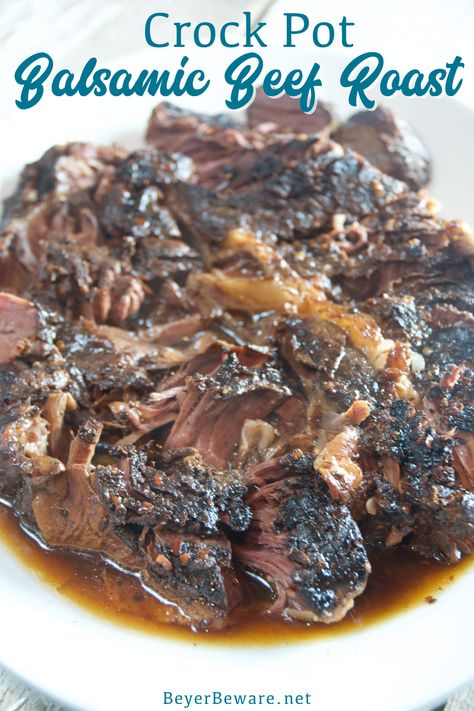 Crock Pot balsamic beef roast recipe combines balsamic vinegar with honey and red peppers over a beef roast for a tender and juicy slow cooker beef roast. Rump Roast Crock Pot Recipes, Slow Cooker Beef Roast, Crockpot Rump Roast, Chuck Roast Crock Pot Recipes, Beef Roast Recipe, Beef Shoulder Roast, Roast Beef Crock Pot Recipes, Roast Crockpot, Beef Roast Crock Pot