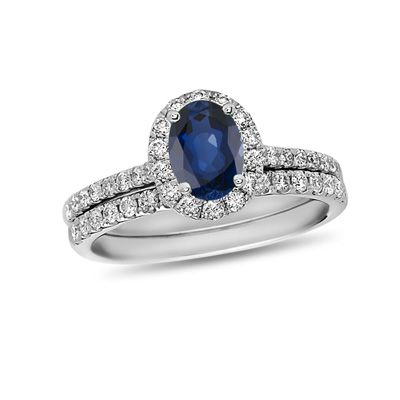 Oval+Blue+Sapphire+and+5/8+CT.+T.W.+Diamond+Frame+Bridal+Set+in+14K+White+Gold Diamond Frame, Bridal Engagement Rings, Bridesmaid Jewelry Sets, Diamond Bridal Sets, Blue Sapphire Diamond, Local Jewelry, Three Stone Engagement, Three Stone Engagement Rings, Band Engagement Ring