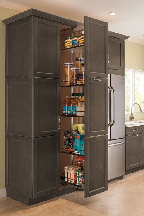 Accessible from both sides, the Tall Pantry Pullout Cabinet makes storing canned goods and kitchen essentials easier than ever. Deep Pantry Organization, Tall Kitchen Pantry Cabinet, Thomasville Cabinetry, Antique Kitchen Cabinets, Cabinet Tall, Tall Kitchen Cabinets, Tall Pantry Cabinet, Deep Pantry, Pull Out Pantry