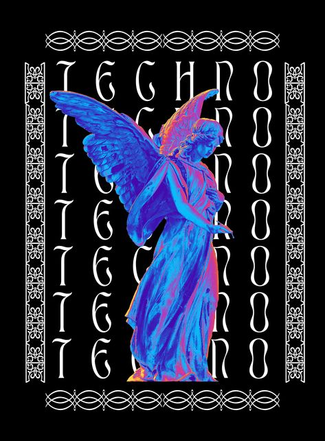 Marble angel statue in vibrant colors. The word techno repeats boldly on the back of the image. The background is black and the text is bold white. Techno Cover Art, Techno Aesthetic Wallpaper, Notion Grimoire, Techno Music Art, Techno Core, Techno Tshirt, Techno Logo, Techno Aesthetic, Grpahic Design