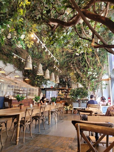 Plant Nursery Coffee Shop, Biophilic Cafe Design, Forest Bakery Aesthetic, Botanical Restaurant Interior, Garden Theme Restaurant, Fairy Cafe Aesthetic, Botanical Coffee Shop, Plant Cafe Aesthetic, Green Coffeeshop