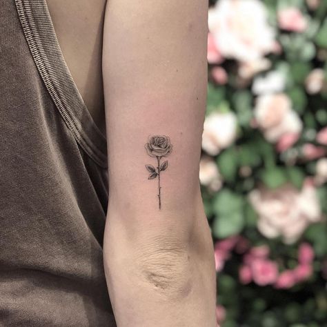 Tattooed by @tattoobychang #west4tattoo #flowertattoo #tinytattoo #smalltattoo #blackworktattoo #littletattoo #tattoo #tattoos… Above Elbow Tattoo, Single Rose Tattoos, Rose Flower Tattoos, Small Rose Tattoo, Elbow Tattoos, 4 Tattoo, Dainty Tattoos, Single Rose, Dream Tattoos