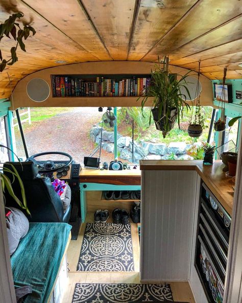 Living In A School Bus, Live In Bus, Converted Rv, Bus Library, Bus Bedroom, Skoolie Living, Bus Renovation, Bus Decor, Skoolie Ideas