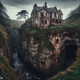 Decrepit old Victorian house on a cliff over a wild river, with a cave in side of cliff, no fences. - Image Creator from Microsoft Designer Cliff Side House, House On A Cliff, Old Victorian House, Rocky River, Victorian House, Create Sign, Create Image, Victorian Homes, Book Journal