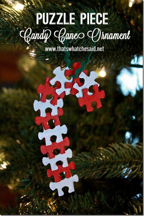 Puzzle Piece Candy Cane Ornament at thatswhatchesaid.net I like the Candy Cane. I have done the wreath ornament before. Puzzle Pieces Christmas Ornaments, Puzzle Pieces Christmas Crafts, Puzzle Piece Ornaments, Puzzle Piece Crafts, Candy Cane Crafts, Diy Puzzle, Puzzle Crafts, Candy Cane Ornament, Diy Winter