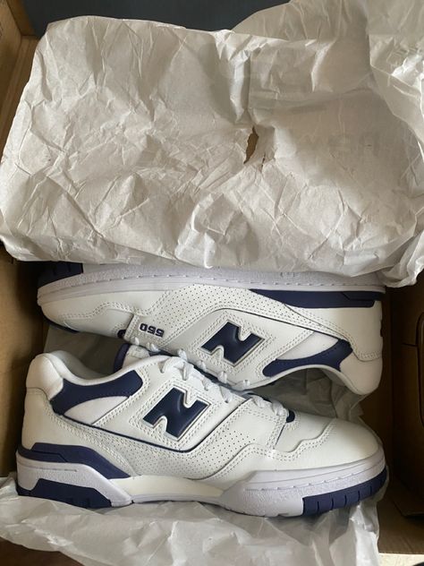 Blue and white new balance New Balance 550 Dark Blue, White And Navy Aesthetic, Nb 550 Blue, Summer Reset, Dark Blue Shoes, Blue Trainers, Shoe Wishlist, Shoes Spring, Hype Shoes