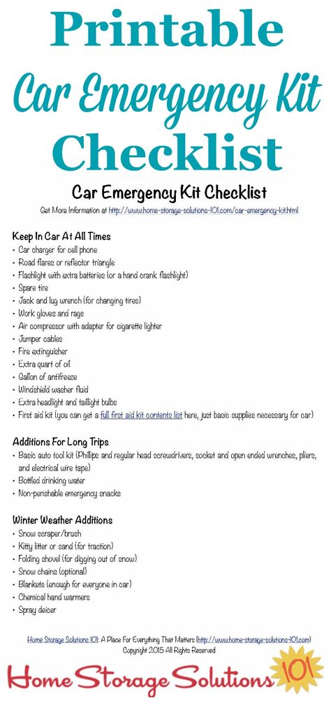 Free printable car emergency kit checklist with all the essentials you need to keep yourself and your family safe in case of emergency in the car {on Home Storage Solutions 101} #CarEmergencyKit #EmergencyPreparedness #CarOrganization Car Emergency Kit List, Car Care Checklist, Emergency Kit Checklist, Car Checklist, Car Emergency Kit, Emergency Preparedness Kit, Emergency Preparation, Car Essentials, Home Storage Solutions