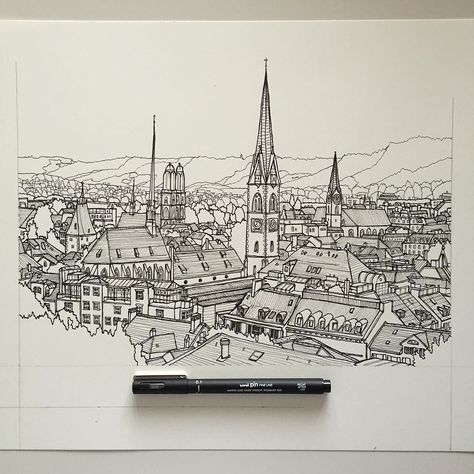 Zurich Switzerland in pen. Two cityscapes in two days no wonder my arm aches! #art #drawing #pen #sketch #illustration #linedrawing #city #cityscape #architecture #zurich #switzerland Cover Art Drawing, Phoebe Atkey, Busy Drawing, Drawing Roses, Japanese Buildings, Architect Building, Moore House, Building Sketch, Building Photography