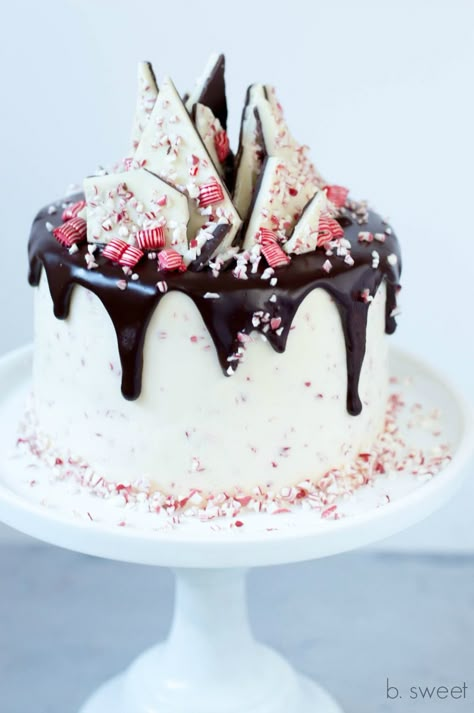 Peppermint Bark Cake, Bark Cake, Homemade Peppermint Bark, Xmas Cakes, Peppermint Cake, Xmas Cake, Candy Cakes, Dark Chocolate Cakes, Chocolate Drip