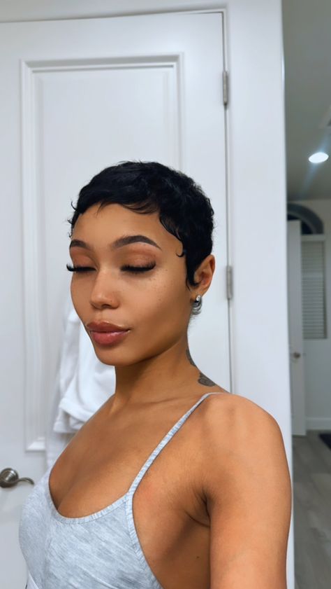 Aiyanna Lewis Short Hair, Pixie Haircut Color Ideas Black Women, Teyana Taylor Haircut, Coi Leray Pixie Cut, Coi Leray Short Hair, Jet Black Pixie Haircut Black Women, Black Woman Short Haircut Pixie, Low Pixie Haircut Black Women, Baddie Haircuts