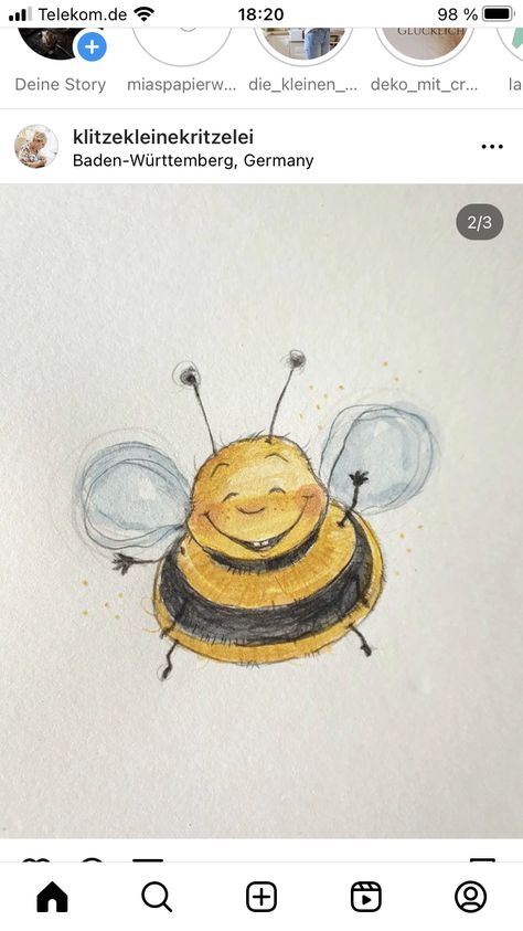 Bee Doodle Simple, Cute Bee Painting, Honeybee Drawing, Pen And Watercolor Art, Bee Drawing Easy, Bee Pictures Art, Diy Watercolor Cards, Bee Watercolor, Bee Drawing