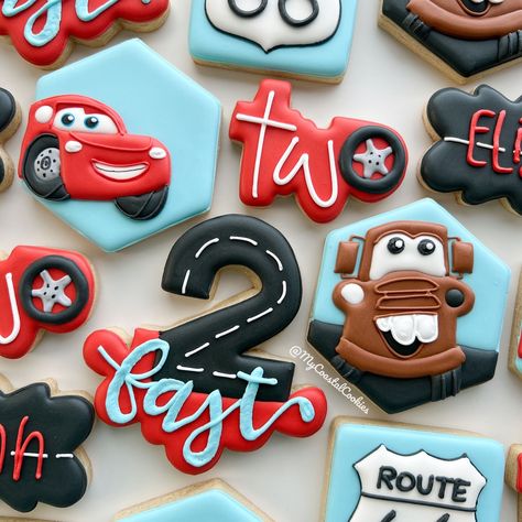 “My name’s Mater. Like tuh-mater, but without the tuh.”😅❤️🏁 Cars themed birthday cookies for a little boy turning✌🏼 Some 🍪 designs inspired by @thecookiedesigner @cottonlanebakery @lucianasroyalcookies . . . . #coastalcookies #sugarcookies #decoratedcookies #emeraldcoast #sowal #southwalton #destin #sandestin #30a #seaside #niceville #rosemarybeach #inletbeach #cookies #cookiedecorating #birthdaycookies #cars #carsbirthday #carscookies Cars Cookies Disney, Cars Birthday Cookies, Mcqueen Cookies, Cars Cookies, Car Cookies, Disney Cars Birthday, Car Birthday Theme, Car Party, Cars Party