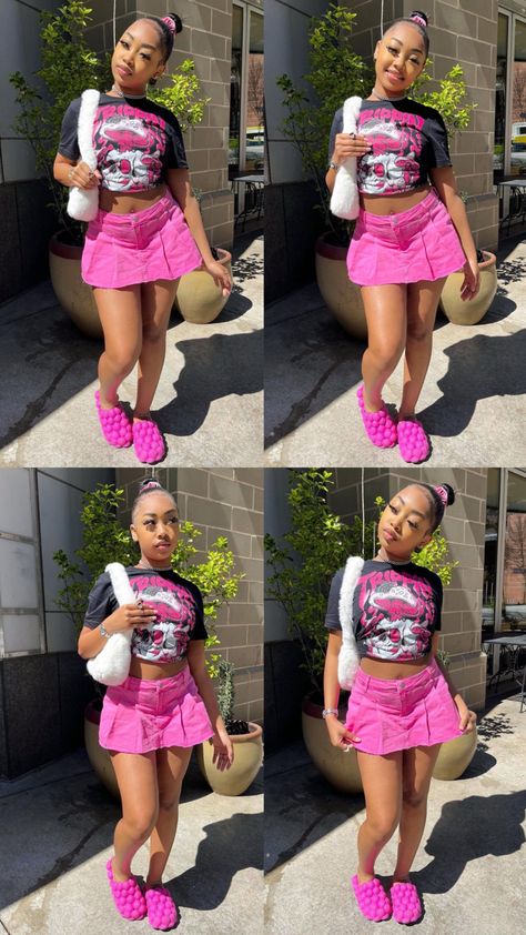 Pink Bubble Slides Outfit Ideas, Cute Shein Outfits Black Women Summer, Tan Bubble Slides Outfits, Pink Bubble Slides Outfit, Pink Birthday Outfit Baddie, Shein Pink Outfits, Baddie Birthday Outfit Summer, Shien Outfit Idea For Summer Baddie, Summer Birthday Outfit Ideas