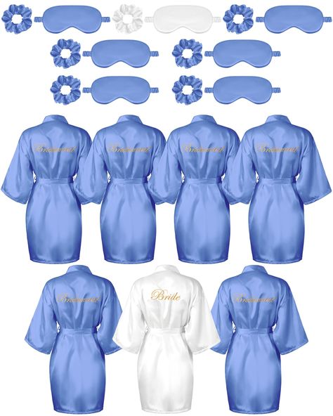 PRICES MAY VARY. Nice Combination Set: the package comes with 7 pieces of bridal party robes, including 1 bride embroidered robe and 6 bridesmaid robes, each gown comes with a matching eye mask and hair tie set in the same color, sufficient in quantities and styles to meet your requirement of using Soft and Comfortable: the bridesmaids robes, eye mask and hair ring are all made of quality satin fabric, which is soft and skin friendly; The inside of the eye mask is filled with 180 grams of silk c Wedding Day Robes Bridal Parties, Bridesmaid Clothes, Dr Wedding, Blue Bachelorette, Wedding Day Robes, Barbados Wedding, Cobalt Wedding, Embroidered Robe, Baby Blue Weddings