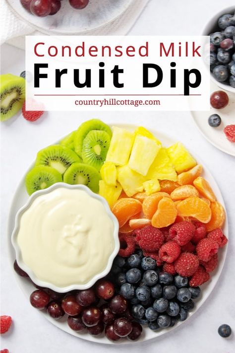 See how to make homemade Sweetened condensed milk fruit dip. It’s a tempting, simple and easy-to-make dessert that will leave everyone craving more. This DIY fruit dip without cream cheese or marshmallow fluff has a light sweetness and amazing creaminess. Thanks to luscious Greek yogurt, irresistible condensed milk, vanilla, and lemon, the fluffy 2-ingredient dessert dip is perfect to compliment fresh fruits and berries. The recipe is ready for dipping in minutes. | CountryHillCottage.com Condensed Milk Fruit Dip, Fruit Dip Without Cream Cheese, Strawberry Banana Cheesecake Salad, Easy Dessert Dips, Homemade Sweetened Condensed Milk, Easy Fruit Dip, Milk Fruit, Fruit Dips Recipes, Chocolate Dipped Fruit