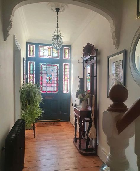 Stained Glass Entryway, Gothic Porch, Victorian Entrance Hall, Victorian Entrance, Scandinavian Room, Victorian Hallway, Is It Friday Yet, Is It Friday, It Friday