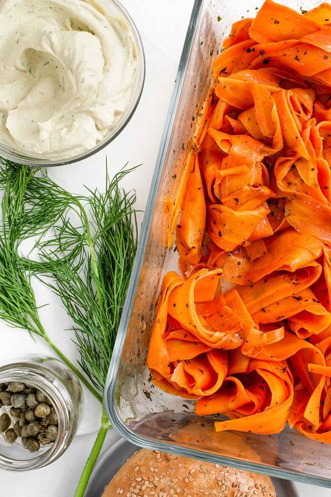 Smoked Carrots Recipe, Lox Breakfast, Bacon Bits Recipes, Lox Recipe, Carrot Lox, Beet Pasta, Lox And Bagels, Crostini Appetizers, Bacon Tomato