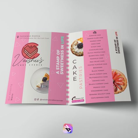 Brochure/Menu Design for Vaishus Cake Corner #brandidentity #brandlogo #logodesign #cakeshop #marketing #digitalmarketing #digitalmedia #cakelogo #vocalforlocal #shoplocal #madeinindia #onlinebrand #webdesigner #graphics #graphicdesigner #portfolio #logomockup #mockups #brochure #menucard #printmedia #cakecorner #bakers #instadesigners #professionallogo #mediaservices #mediaagency #professionalprints Cake Brochure Design, Cake Brochure, Banana Walnut Cake, Kitkat Cake, Cake Festival, Menu Card Design, Barbie Doll Cakes, Banana Walnut, French Bakery