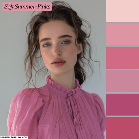 12 seasonal color palette pinks, lipstick ideas, and examples of your best pinks | wow colors | pinks for each palette: dark winter, true winter, bright winter, bright spring, true spring, light spring, light summer, true summer, soft summer, soft autumn, true autumn, dark autumn | lipstick colors Summer Complexion Color Palette, Lipstick For True Summer, Colors For Pale Skin Clothing, Soft Summer Color Palette Outfits Style, Soft Summer Pink, Soft Summer Blush, Summer Palette Outfits, Cool Summer Color Palette Outfits, Summer Palette