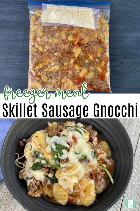 Sausage and Gnocchi Skillet Freezer Meal - Freezer Meals 101 Individual Freezer Meals, Sausage Gnocchi, Tuscan Pasta, Best Freezer Meals, Freezer Friendly Meals, Baked Gnocchi, Skillet Pasta, Freezer Meal Prep, Dump Meals