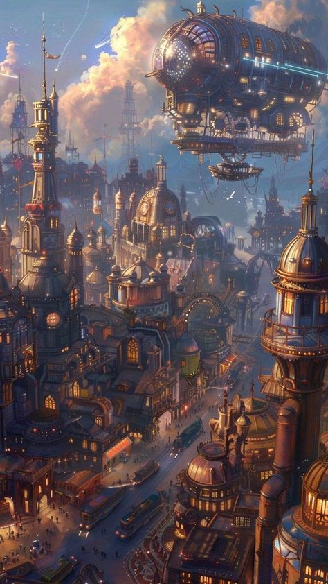 Machine World Concept Art, Steampunk Landscape Art, Fantasy Industrial City, Fantasy Steampunk Art, Fantasy Night City, Clockpunk City, Steampunk Floating City, Steampunk Fantasy World, Steampunk World Art