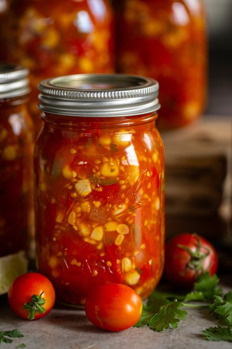 Tomato Corn Salsa, Salsa With Corn, Tomato Salsa Canning, Salsa Canning Recipes, High Acid Foods, Rhubarb Chutney, Corn And Tomato, Recipe Inspirations, Cherry Tomato Plant