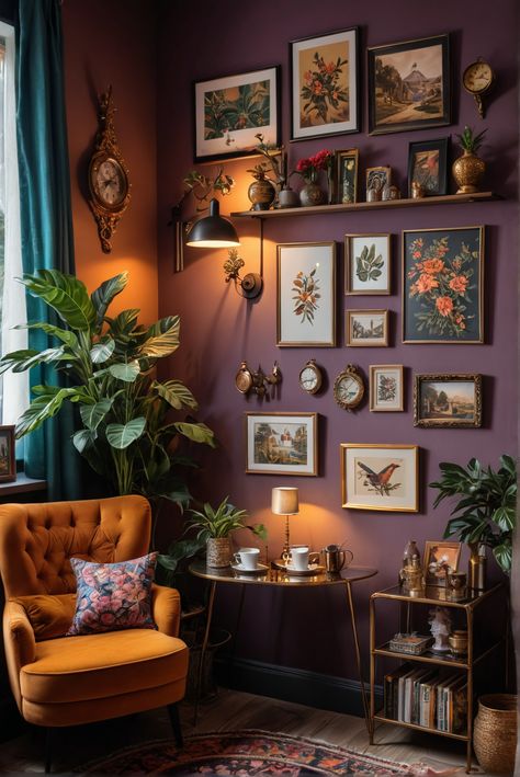 10 Ideas and Inspiration for Maximalism Style Coffee Corners - afullmug.com Fun Living Room Ideas Cozy, Nook Ideas Living Room Cozy Corner, Mauve Walls Living Room, Coffee Corner Ideas In Living Room, Warm Maximalism, Tv Corner Ideas Living Room, Coffee Room In House, Small Maximalist Living Room, Small Open Living Room Ideas