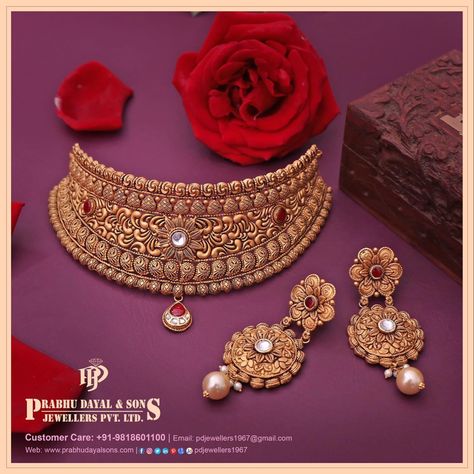 Add Elegance to your Bridal Look with this Astonishing Antique Gold Choker Set.. Visit us & have a look at our Stunning New Collection.. #prabhudayalandsonsjewellers #madangir #newdelhi #gold #antique #jewellery #necklace #set #earrings #royal #bridaljewellery #brideslove #indianbride #weddingjewellery #classic #look #glamour #exquisite #luxury #stylish #jewellerylove #majikcolors Latest Gold Choker Necklace Designs, Antique Gold Choker Set, Gold Choker Set, Gold Antique Jewellery, Necklace Set Indian Bridal Jewelry, Anniversary Letter, Bridal Jewellery Inspiration, Indian Wedding Jewelry Sets, Delicate Gold Jewelry