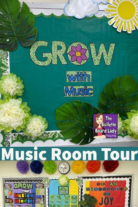 Grow with Music is a classroom theme that embraces plants, flowers and a rainbow Boho vibe. See how one music teacher arranges her elementary classroom for learning things like tempo, dynamics, instrument families and more with music bulletin boards and music decor. Music Themed Classroom, Music Room Bulletin Boards, Music Classroom Bulletin Boards, Instrument Storage, Music Bulletin Board, Music Education Activities, Music Bulletin Boards, Music Education Games, Instrument Families