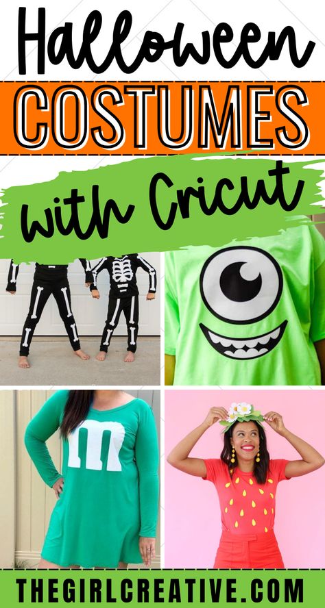 DIY Halloween costumes that you can make with Cricut or Silhouette Easy Cricut Halloween Shirts, Cricut Costumes Diy, Easy T Shirt Halloween Costumes, Halloween Costume Tshirt Ideas, Circuit Halloween Costume, Halloween Shirt Costume Ideas, Halloween Costumes Women For School, Halloween Shirt Costumes, Easy Cricut Halloween Costumes