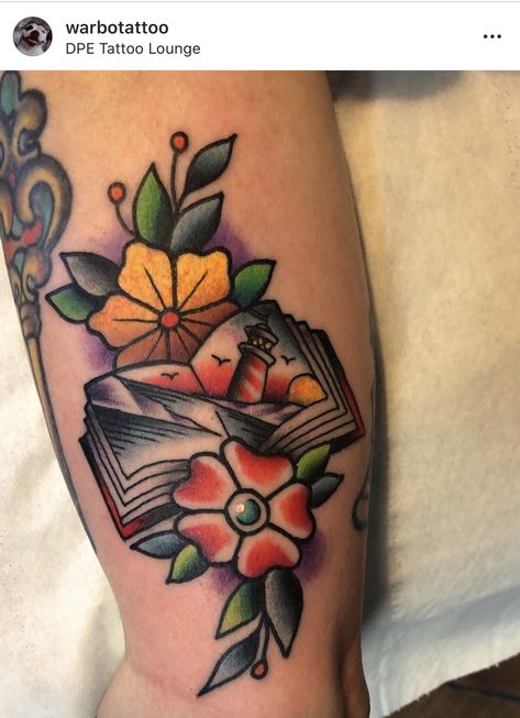 Book Tattoo Ideas Traditional, Bookish Tattoos Traditional, Book Tattoo American Traditional, Books Flowers Tattoo, Neo Traditional Book Tattoo, Old School Book Tattoo, Cute Traditional Tattoos For Women, Book Traditional Tattoo, American Traditional Book Tattoo