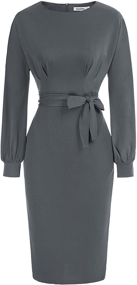 Plus Size Sheath Dress for Women Retro Lantern Long Sleeve Bodycon Pencil Dress with Belt Dark Grey XXL at Amazon Women’s Clothing store Dresses For Work Offices, Office Wear Dresses For Women, Office Dress Style Work Wear, Office Dresses For Women Work Attire, Classic Dress Elegant, Black Bodycon Dress Casual, Classic Dresses For Women, Long Black Bodycon Dress, Black Office Dress