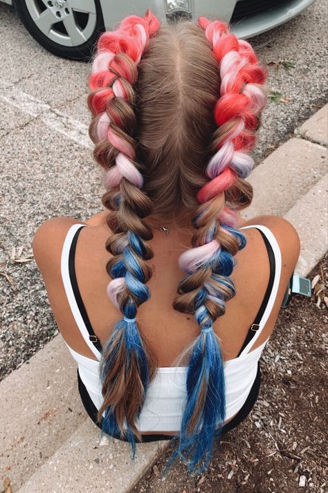 Hairstyles With Colored Extensions, Glow Hair Extensions, Softball Hairstyles With Color Extensions, Softball Hair With Color Extensions, Braid In Hair Extensions Color, Hairstyles With Colored Hair Extensions, Colorguard Hair Styles, Colored Hair Extensions Braids, Dragon Braid Hairstyles With Extensions