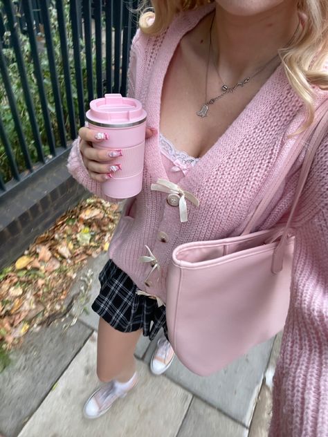 Spring Pink Outfits, Coquette Office Outfit, Pink It Girl, Pink Autumn, Sunday Reset, Hyper Feminine, Coffee Run, Pink Life, Bow Ribbon