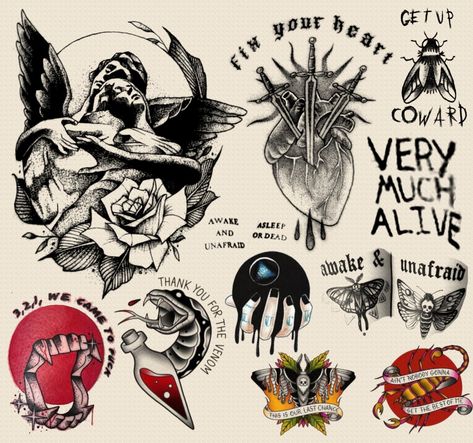 1. reunion angels statue 2. "fix your heart" heart w/3 swords in it (Fondations of Decay) 3. "Very much alive" handwriting from Gerard's neck 4. "awake & / unafraid" over moths 5. "awake and unafraid / asleep or dead" 6. Thank you for the Venom hissing snake out of a blood filled vial 7. "ain't nobody gonna get the best of me" yellow and red scorpion 8. Vampire Money plastic fangs 9. "get up coward" foundations fly/cicada 10. melting magic 8 ball, "luck" knuckle tattooed hand Mcr Angel Statue, Foundations Of Decay Tattoo, Awake Unafraid Tattoo, Thank You For The Venom Tattoo, Vampire Neck Tattoo, Gerard Way Tattoo Ideas, Vampire Stake Tattoo, To The End Tattoo, Infinity On High Tattoo